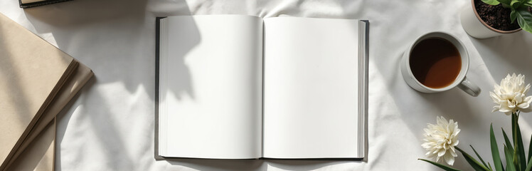 Blank magazine mockup arranged on table with coffee cup, books. Natural sunlight creates soft shadows, offering cosy, minimalistic ambience for reading relaxation. Incorporates flowers, stationery