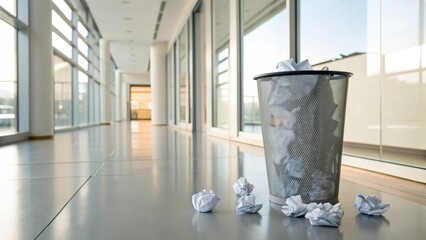 Crumpled Paper in Metal Trash Bin in Modern Office Space