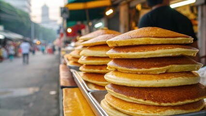 Delicious Homemade Pancakes Stack on Street Food Stall in Busy Market