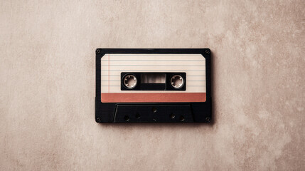 A vintage audio cassette tape lies flat on a textured beige surface, showcasing its classic design and nostalgic appeal.