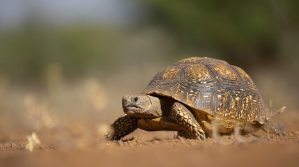 Obraz premium Leopard tortoise moving slowly across sandy and grassy terrain in Laikipia, Kenya
