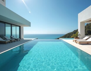 Fototapeta premium Luxurious infinity pool with modern architecture overlooks the ocean on a clear, sunny day. Coastal paradise retreat offers relaxation, tranquil seascape, and a serene living space by the blue water.