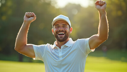 Golfer celebrates victory with raised arms on sunny green course. Excited man feels joy, success after perfect shot. Athletic sport recreation, outdoor hobby, summer leisure activity, championship
