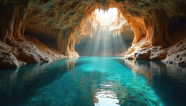 Venture into underground waterflow perspective of karst limestone formations. Clear turquoise water winds through subterranean cave system, illuminated by sunbeams piercing cavern ceiling, revealing