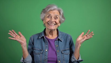Elderly woman with wrinkled skin, grey hair gestures with open hands. Smiles broadly, expression conveying uncertainty lighthearted I not know. Isolated on green screen background, portrait offers