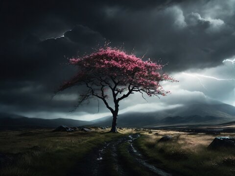 tree sakura blosoom in middle of strom illustration background