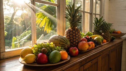Fresh and Colorful Assortment of Fruits on Sunlit Wooden Table