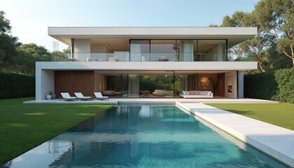 Modern luxury villa exterior, featuring crystal clear swimming pool, green front yard. Expansive house boasts large windows, multiple balconies, ideal for summer holidays, resort living.