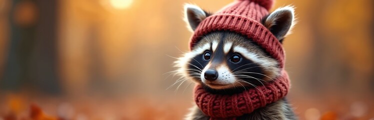 Close-up portrait of cute raccoon wearing warm knitted red hat, scarf. Fluffy animal sits outdoors amidst blurred autumn foliage in warm, golden light. Adorable wildlife scene evokes cozy feelings,