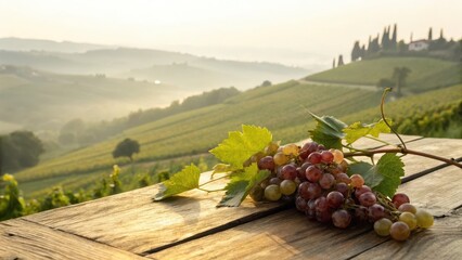 Fresh Grapes on Wooden Table with Scenic Vineyard Landscape