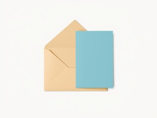 Fototapeta premium An open tan envelope with a light blue card resting on it against a plain white background studio shot