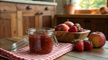 Fresh Homemade Strawberry Jam in Rustic Kitchen Setting