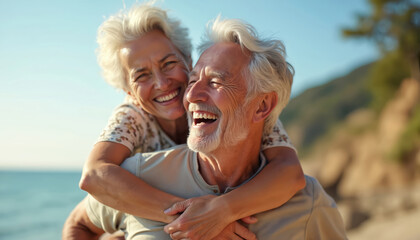 Joyful elderly couple shares piggyback ride on beach. Smiling senior man carries happy wife outdoors. Couple enjoys sunny day, ocean backdrop. Love, togetherness, active lifestyle.