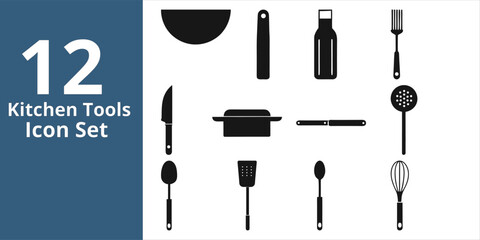 Fototapeta premium Collection of twelve black kitchen utensil icons on a white background