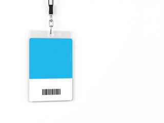 A blue and white id badge with a barcode hanging from a black lanyard on a white background space
