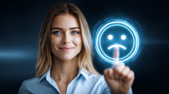 Radiant optimism, woman points to a glowing smiley face, embracing positivity and joyful emotions