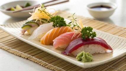 Fresh Sushi Platter with Assorted Fish and Green Garnishes