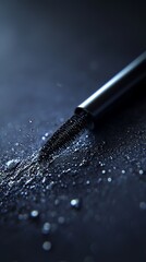 Dramatic Close-Up of Mascara Wand with Water Droplets on Dark Surface