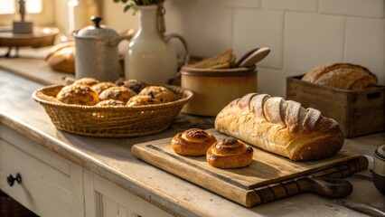 Freshly Baked Bread and Pastries on Rustic Kitchen Table