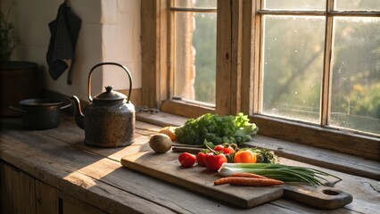 Fresh Vegetables on Wooden Cutting Board in Cozy Kitchen Setting