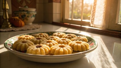 Freshly Baked Cookies on White Plate by Sunlit Window