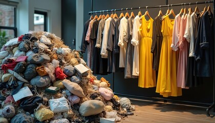 Chaotic pile of textile waste contrasts with neat clothing display on rack. Fast fashion environmental impact shown through excess materials, clutter, disposal. Sustainable choices needed for fashion