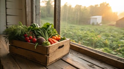 Freshly Harvested Organic Vegetables in Rustic Wooden Crate