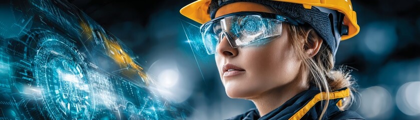 Empowered woman in construction, prioritizing safety with hard hat and protective eyewear