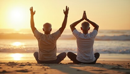 Senior Indian couple practices yoga on beach at sunrise. Elderly man and woman stretch and meditate by ocean. Active, healthy lifestyle promotes harmony, balance, and rejuvenation for aging well.