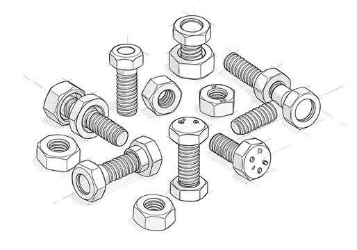 Sketch of various bolts, nuts and washers