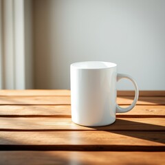 A white mug sitting on a wooden table with sunlight streaming through the window onto the surface top
