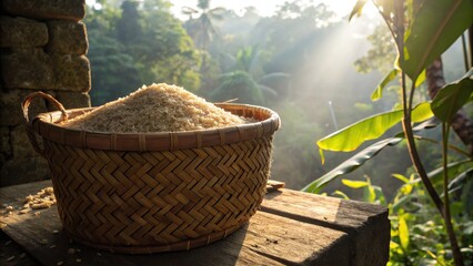 Golden Rice Stockpile in a Woven Basket Surrounded by Nature