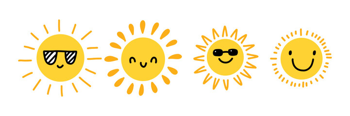 Cute sun collection. Happy cartoon characters. Summer hand drawn sunshine set for childish cards, invitations, posters, stickers. Yellow kids faces icons. Vector illustration
