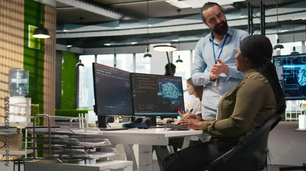 Poster pleased startup office manager applauding female programmer for optimizing code using ai. satisfied 