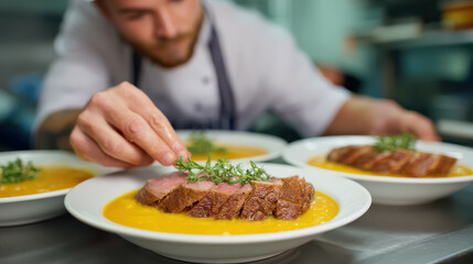 Culinary Artistry: A chef meticulously garnishes a dish, embodying culinary expertise and attention to detail.