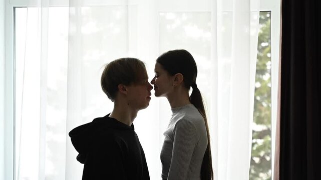 Young Caucasian couple hugging while standing by the window.