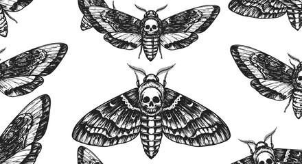Seamless pattern featuring death's-head hawk moths in black and white engraving
