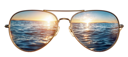 ai sunglasses reflecting vibrant sunset over calm ocean waters