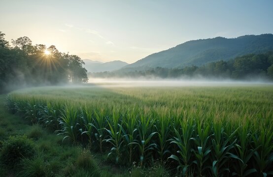 Young cornfield at Pisgah Forest, North Carolina, bathed in soft morning sunlight. Mist rises over green plants. Mountainous landscape and trees create serene backdrop for this agricultural scene.