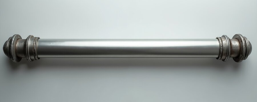 Realistic silver metal pipe with decorative ends runs horizontally against clean white backdrop. Industrial object features smooth cylinder shaft, texture, reflectivity. Design suggests construction