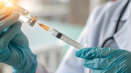 doctor hand taking medicine from glass vial with syringe