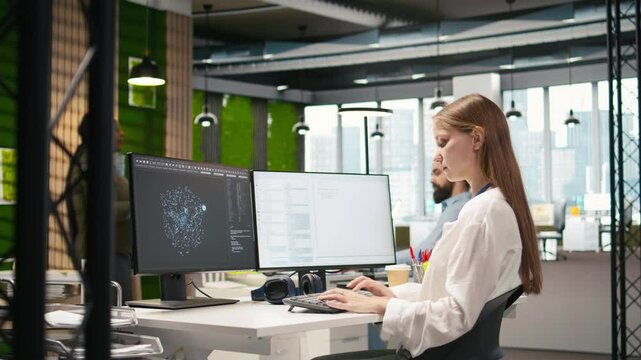 Junior developer optimizing performance using AI LLM chatbot recommendations. Young woman uses artificial intelligence assistant to convert manual workflows into automated scripts, camera A