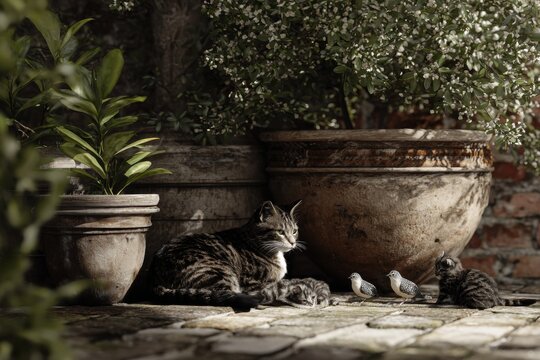 Symbolic garden scene: cats and kittens in hopeful play. Neutering appeal. Call to action: neuter your cats after shocking ramsgate incident. Cat rescue. Injury aid.
