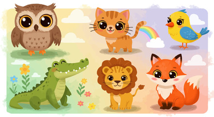 Obraz premium Adorable cartoon animal characters arranged in a colorful whimsical scene design illustration