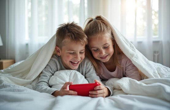 Brother, sister lie under blanket, happily engrossed in playing video game on red smartphone. Siblings share laughter, screen time together indoors on bed, enjoying leisure time in cozy home