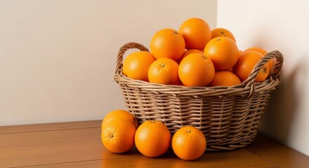 Ripe Oranges in Rustic Wicker Basket on Wooden Table