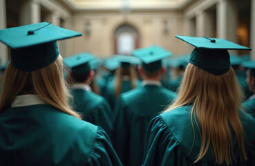 Back view of students in graduation caps, gowns at university commencement ceremony. Graduates celebrate academic achievement, earning degrees in formal education setting, success, future