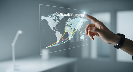 Finger Touching a Holographic Projection Showing Renewable Energy Growth Trends on a Global Map with Financial Charts