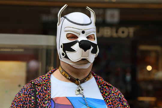 York, Yorkshire, England, 7 June 2025, Costumed Pride Attendee with Pup Mask and Collar