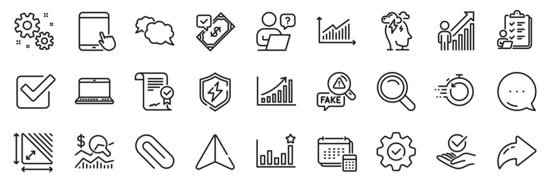 Efficacy, Account and Execute line icons pack. Share, Message, Paper plane icons. Check investment, Fake news, Approved agreement web icon. Online question, Checklist, Paper clip pictogram. Vector